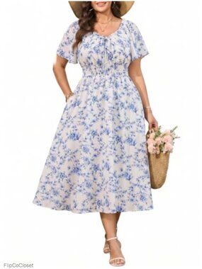 Plus Size Boho Maxi Dress for Curvy Women Scoop Neck Tie Front Casual Flowy